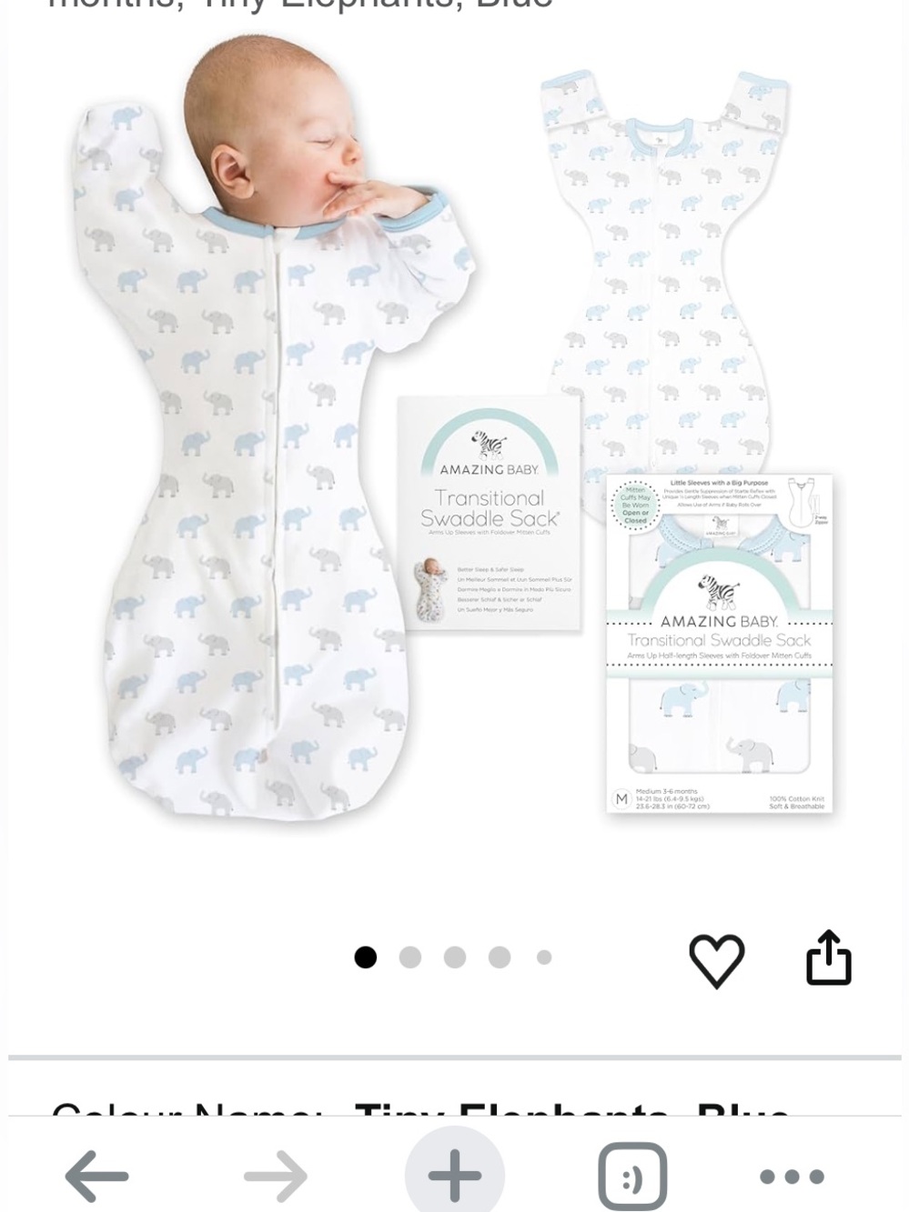 Amazing Baby Transitional Swaddle Sack in Blue with Tiny Elephant Print 3-6 mos